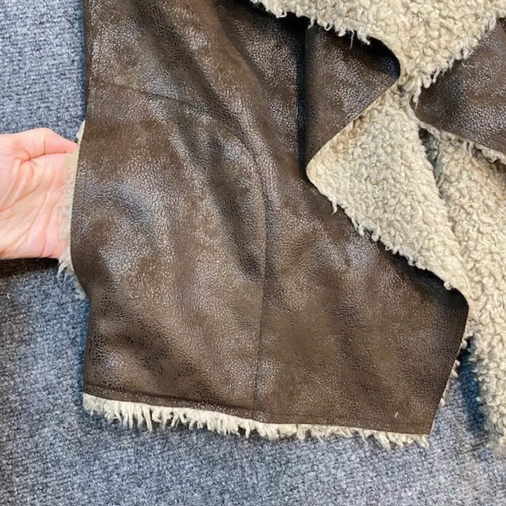 VELVET Graham Spencer Faux Fur Shearling Suede Open Vest Womens Large Boho Chic